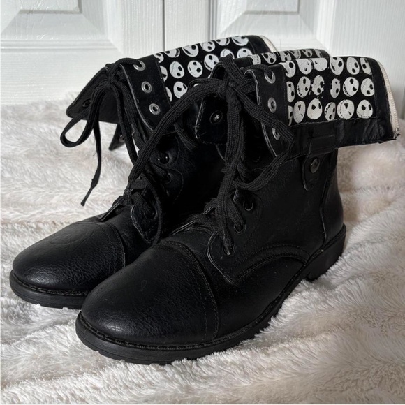 Disney Shoes - Disney Nightmare Before Christmas Black Skull Print Fold Combat Boots Size W 9
